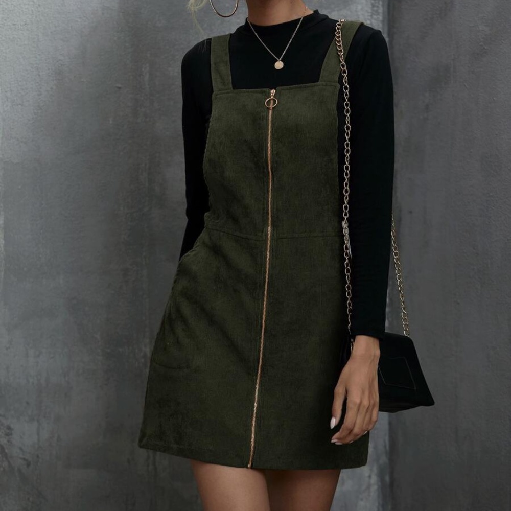 011 Boho Army Green corduroy Zipper Mini Dress - Picture 7 of 9